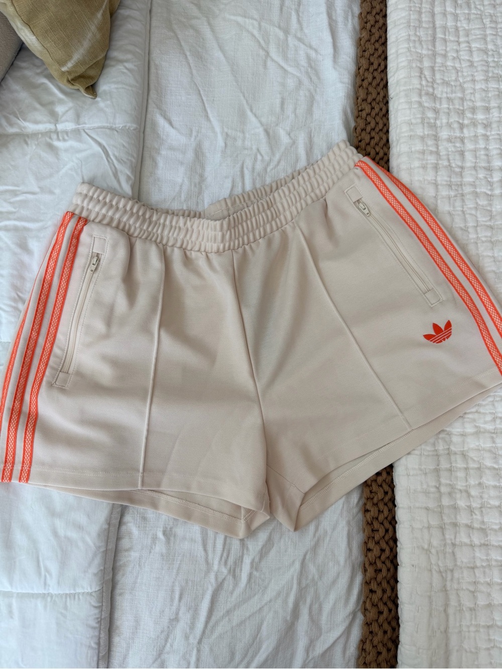 adidas Originals Cream Athletic Shorts with Coral Stripes